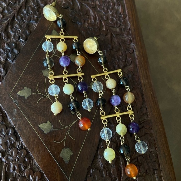 Chandelier Crystal Multicolor Dangle Earrings Moroccan Gold Plated Gems Handmade - Picture 1 of 5